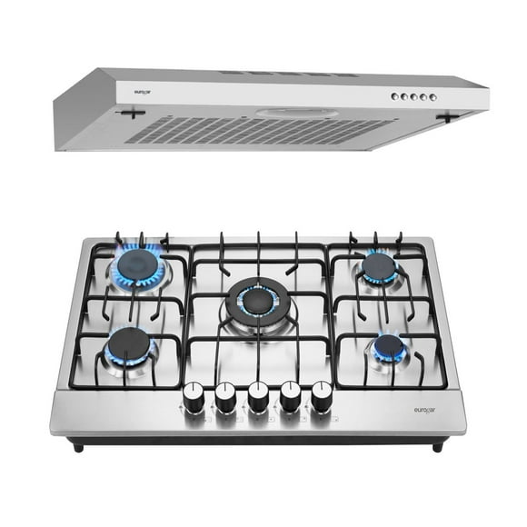 Combo Parrilla de Gas 5 quemadores de 76 cm y Campana para cocina de pared 80cm Acero Inoxidable EUROGAR EU80CAEU5AI