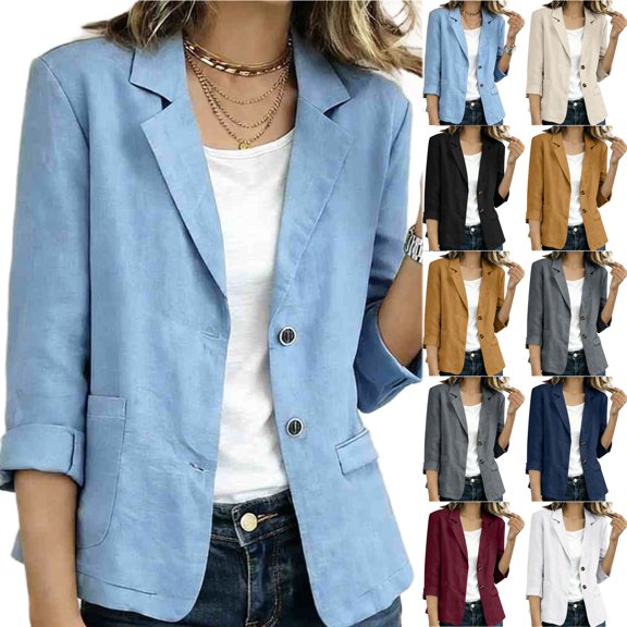 Otntypg Fall Blazers for Women Lightweight Thin Business Casual Notch Lapel Open Front Single Breaster Button Coats Work Office Suit Jackets Blazer with Pockets