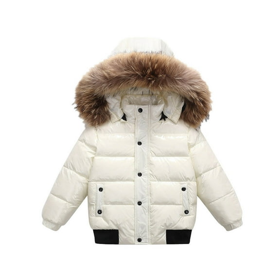 XUNKUSGA Boys Girls Fuzzy Hooded Puffer Jacket 2-14 Years Warm Winter Coat Snap Buttons Zipper Ski Jacket Windproof Thickened Down Jackets with Pockets White