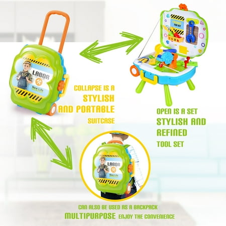 Tangnade 3-In-1 Engineer Role Play Pretend Play Workbench&Suitcase&Backpack Tool Set
