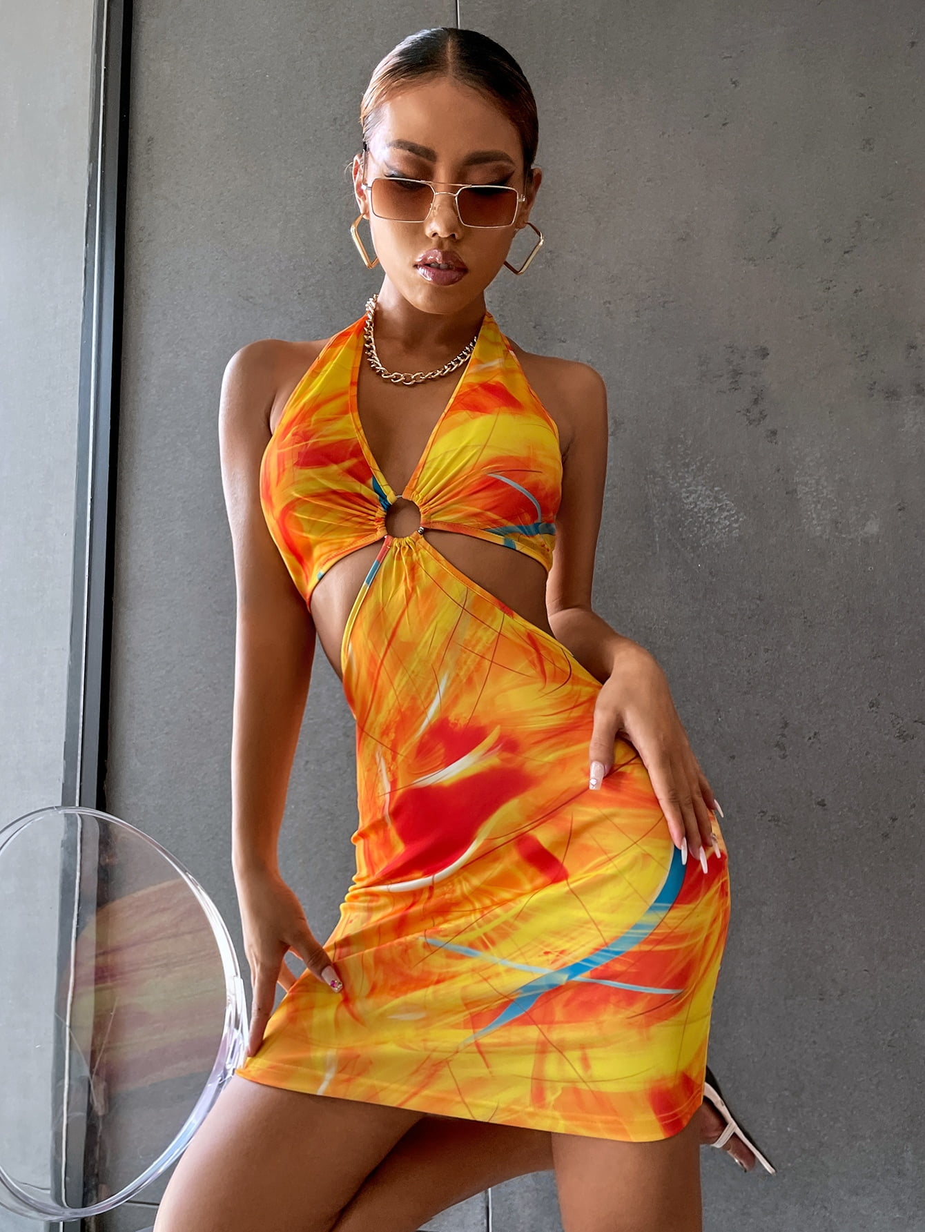 Women S Plus Tie Dye O Ring Cut Out Backless Halter Neck Bodycon Dress a Walmart Com