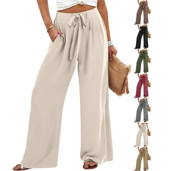 Bovxnpu Summer Womens Plus Size Pants, Women Casual Wide Leg Jeans, Women's Casual Wide Leg Pants Solid Waist Bandage Loose Long Pants With Pocket XXL