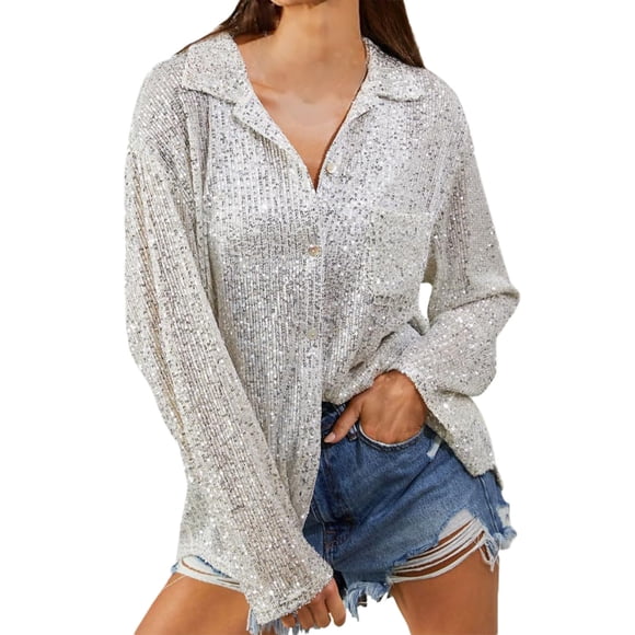 Silver Womens Tops Women's Long Sleeve Fashionable Sequin Lapel Solid Color Casual Shirt Going Out Tops for Women