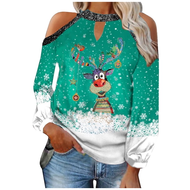 Mujeres otoño Navidad impreso linterna Sexy manga larga sin tirantes pulóver fuera del hombro blusa camiseta Tops Fridja FKASFK6029