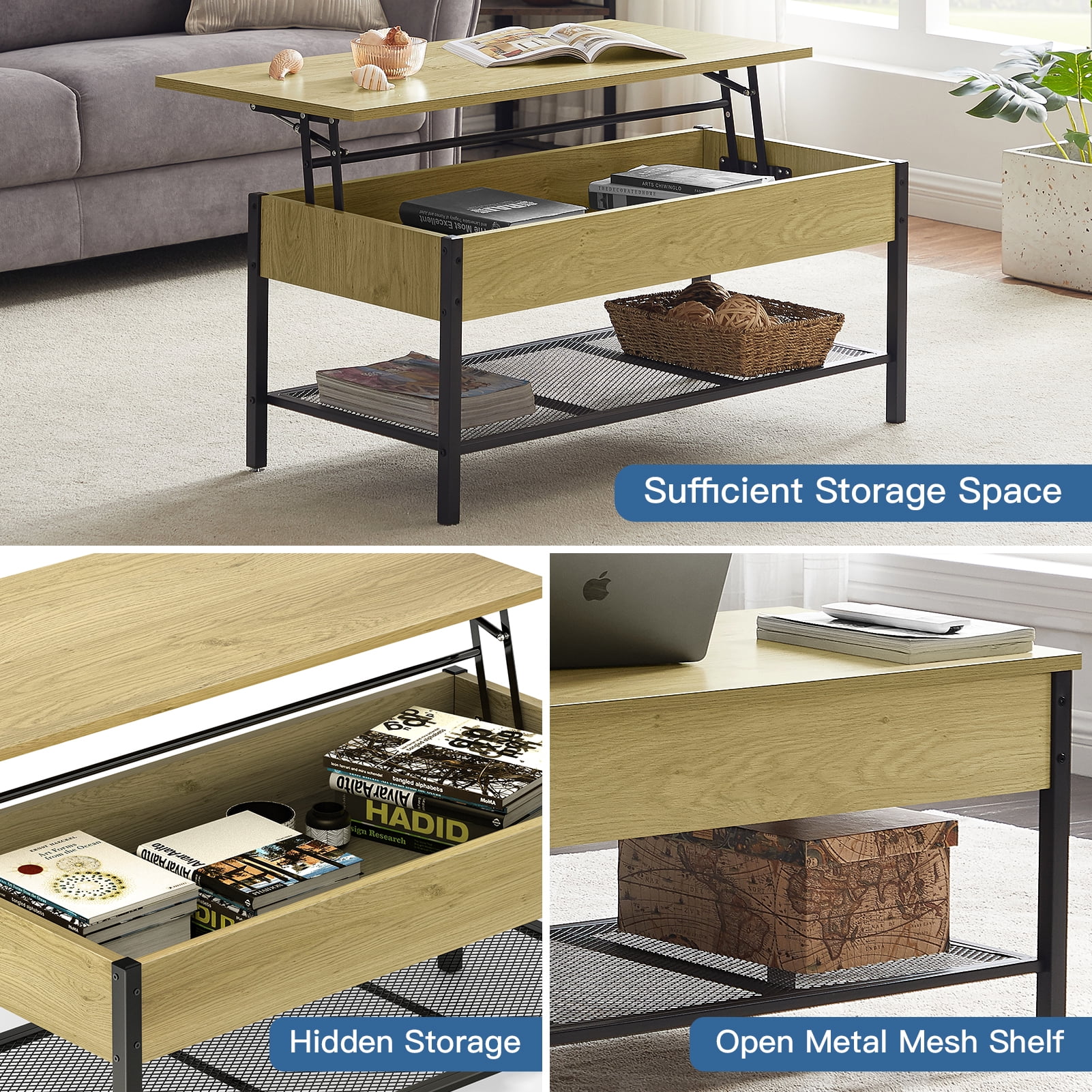 Kepooman Home Office Wood Lift Tabletop with Storage Shelf & Hidden Compartment, Metal Frame, Wood Color Kepooman Home Office Wood Lift Tabletop with Storage Shelf & Hidden Compartment, Metal Frame, Wood Color