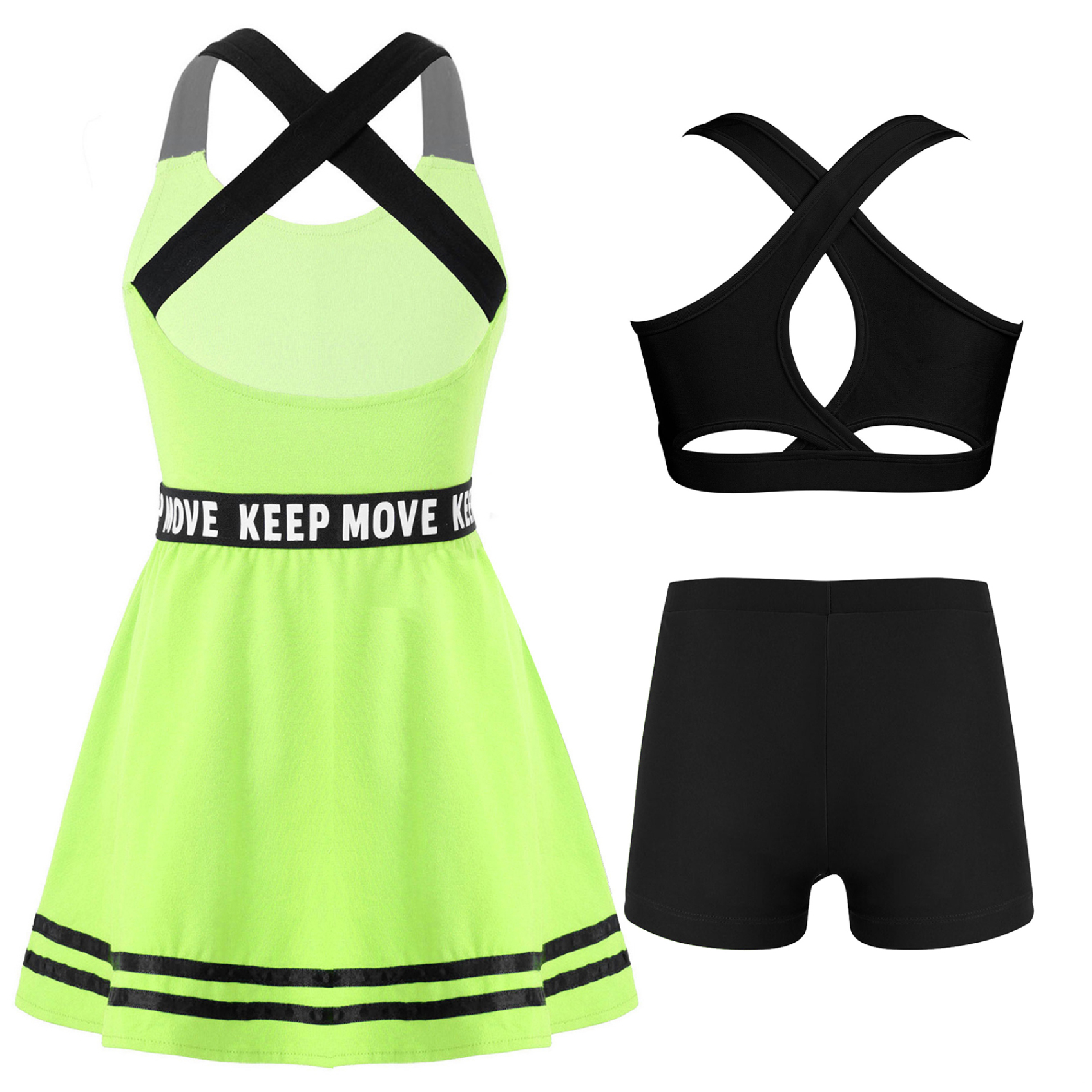 Miutii 3Pcs Kids Sports Tenins Outfits Girl Athletic A-line Dress with Racerback Bras Vest and Shorts Fluorescent Green 12
