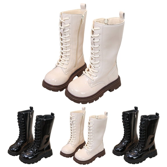 Dakaela Toddler Girls Lace up Riding Boots Wide Calf Zipper Combat Booties Waterproof Outdoor Winter Dress Shoes for Little Big Kid Black 9.5