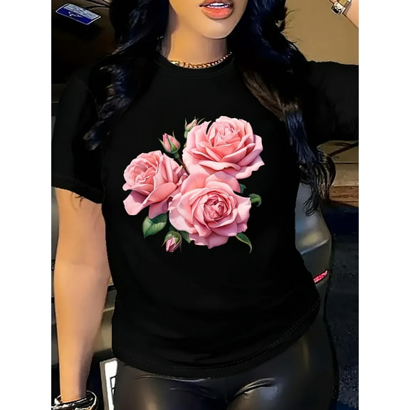 [Floral Print T-Shirt] Breathable & Comfortable Women's Floral Print Short Sleeve T-Shirt | Casual Style, Round Neck, Regular Length, Perfect for Spring & Summer, Ladies T Shirts
