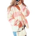thumbnail image 2 of Women'S Loose Casual V-Neck Long-Sleeved Sweater Jacket Striped Contrast Lace-Up Knitted Cardigan Pink XL, 2 of 10