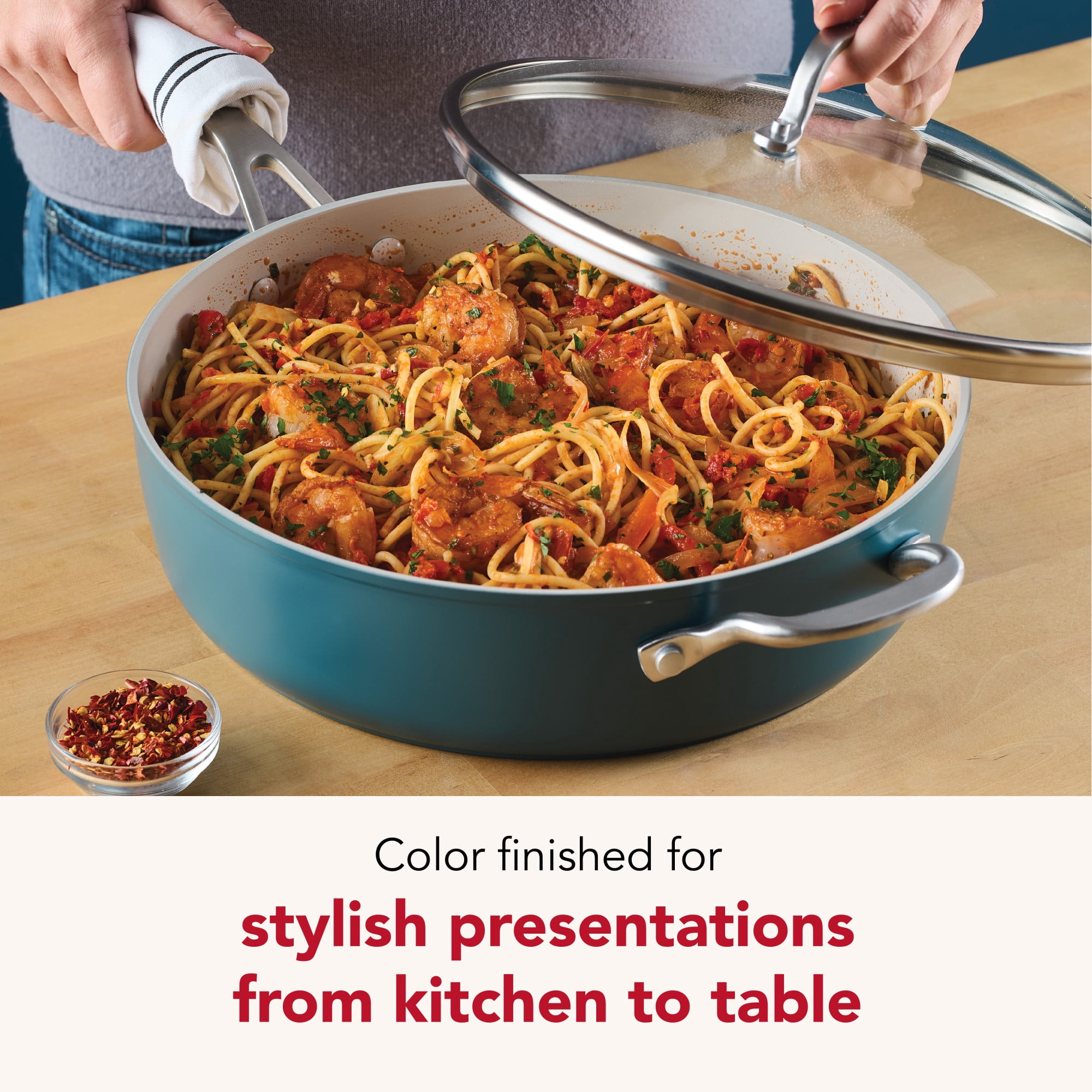 KitchenAid Hard-Anodized 5 Quart Ceramic Induction Saute Pan with Lid and Helper Handle, Dishwasher Safe and Oven Safe to 500°F, Agave Blue