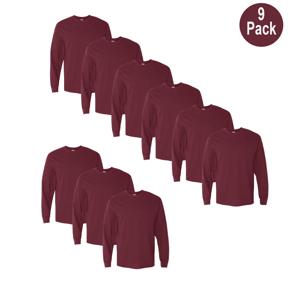 Gildan Men's Heavy Cotton Long Sleeve T-Shirt, Crew Neck Durable Maroon Color Bulk Tee, S, 9 Pack