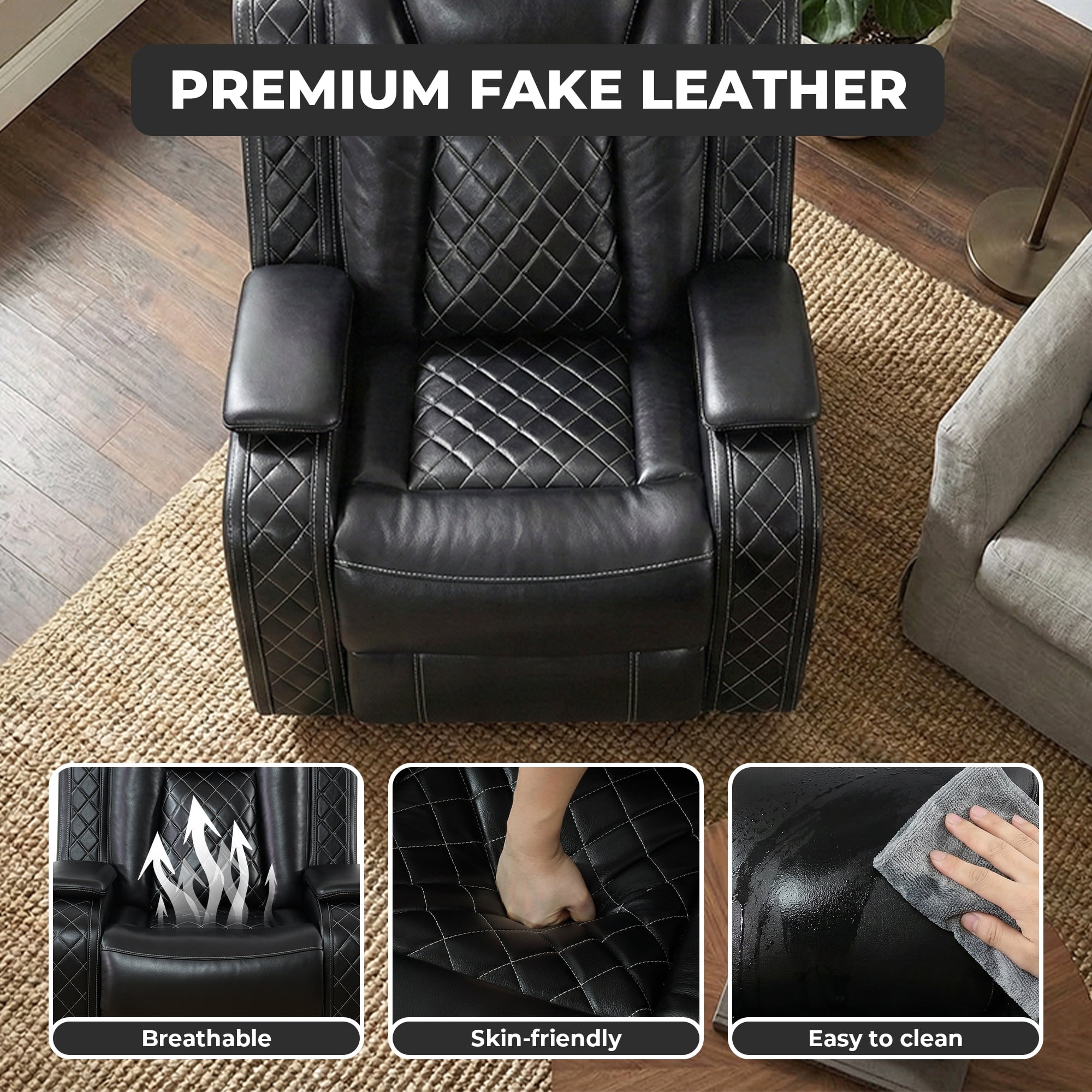 Alvantor Power Recliner Chair with USB Ports Leather Electric Home Theater Seating, Living Room Chair Black
