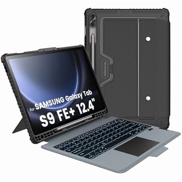 ccwonima for Samsung Galaxy Tab S9 FE Plus Case with Detachable Keyboard, Multi-Touch Trackpad, 7-Color Backlit, S Pen Holder, Rugged Keyboard Case with Camera Cover for Samsung Tablet S9 FE+ 12.4"