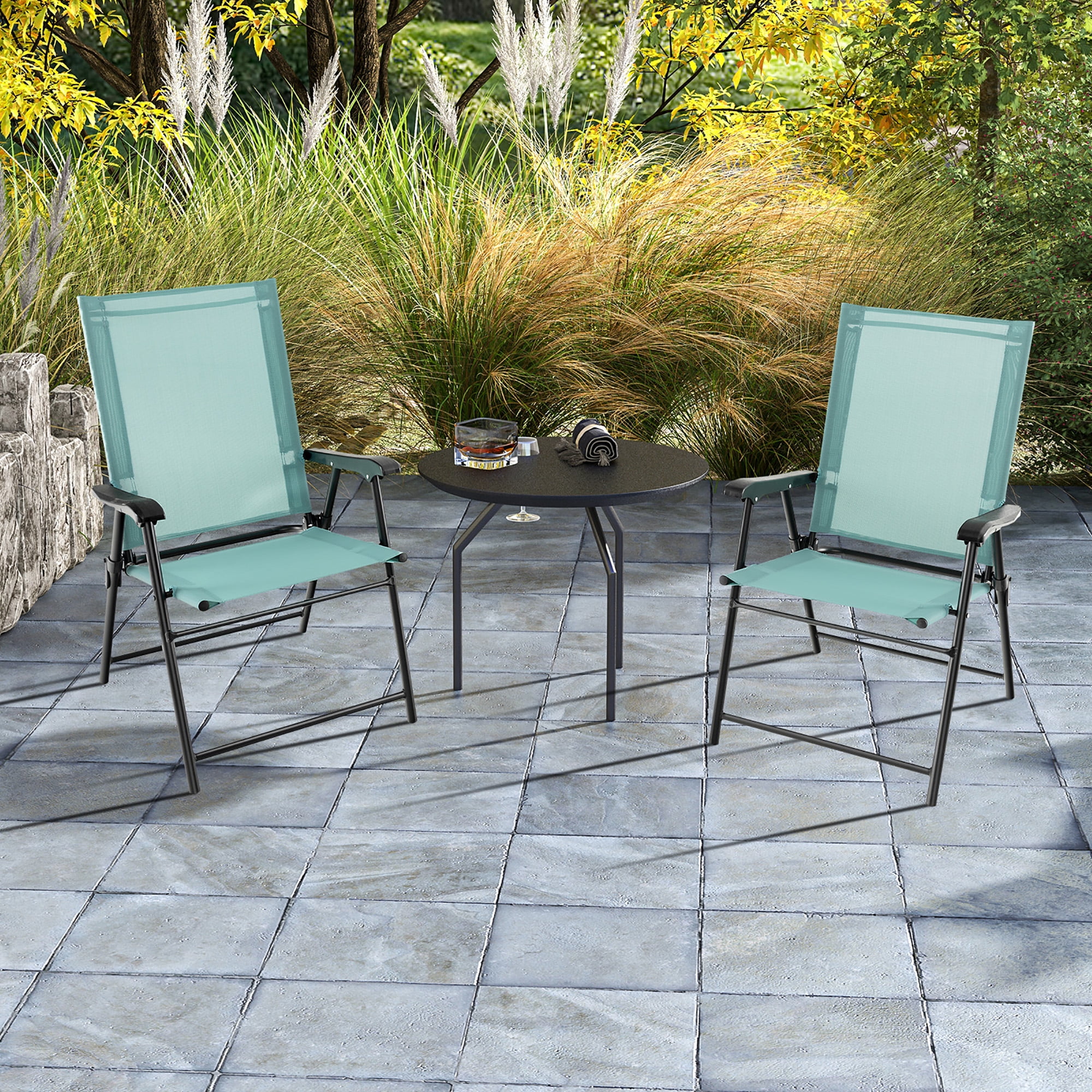 Costway Patio 4pcs Folding Sling Back Chair Portable Armrests Metal Outdoor Dining Green