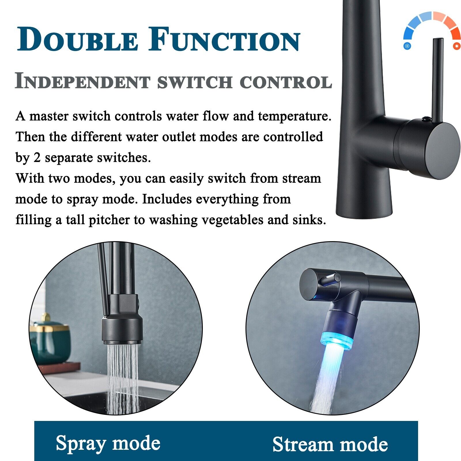 LIFFSSDG Matte Black LED Kitchen Faucet, Kitchen Tap with Lock Shower Head Extendible 360° Swivel Bar Pull-Down Spray High Pressure - image 2 of 12