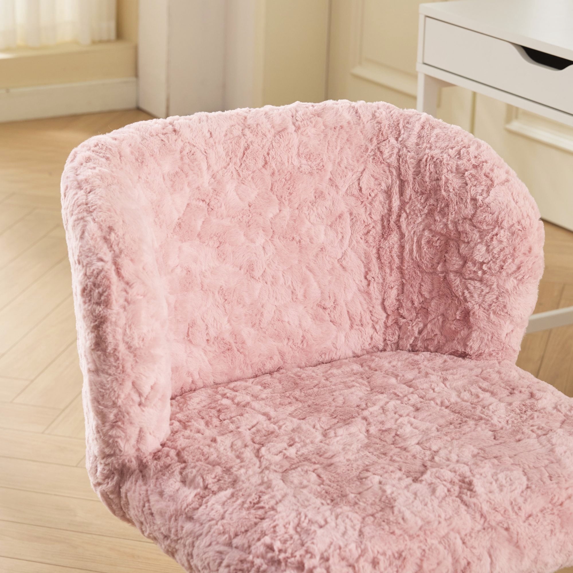 PAPROOS Vanity Chair with Wheels, Home Office Chair, Cute Makeup Desk Chair with Artificial Alpaca Wool Fabric, Adjustable Swivel Task Computer Chair for Bedroom, Pink