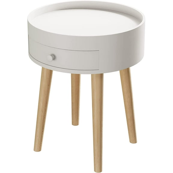 Royard Oaktree Round End Table with Drawer White Sofa Side Coffee Table for Living Room Wooden Night Stand Bedside Table for Bedroom Furniture…