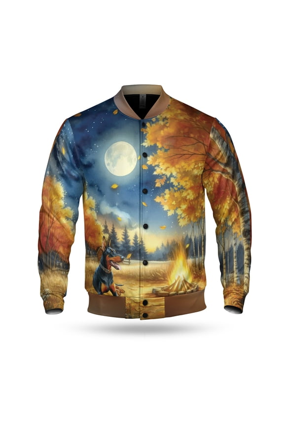 Hello Fall Doberman Pinscher Enjoys Warm Campfire Autumn Night Bright Moon All Over Print 3D Baseball Jacket Doberman Dog Lover Gifts Bomber Jacket Softball - 01008