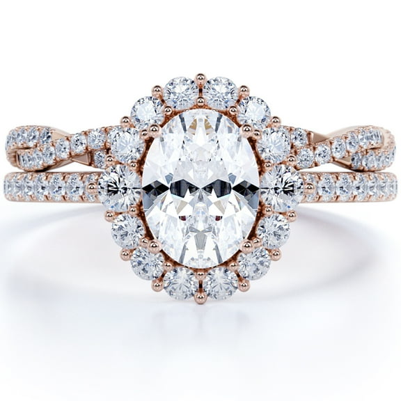 JeenMata Antique Design 1.5 Carat Oval Cut Moissanite Halo Wedding Set with Infinity Band in 18k Rose Gold Over Silver