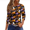 thumbnail image 2 of Halloween Tops for Women 3/4 Sleeve Pumpkin Cat Print Crew Neck Loose Fit Blouse Party Wear, 2 of 5