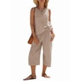 thumbnail image 2 of Women'S Summer 2 Piece Outfits Striped Sleeveless Top and Cropped Wide Leg Pants Sets Pockets Khaki L, 2 of 8