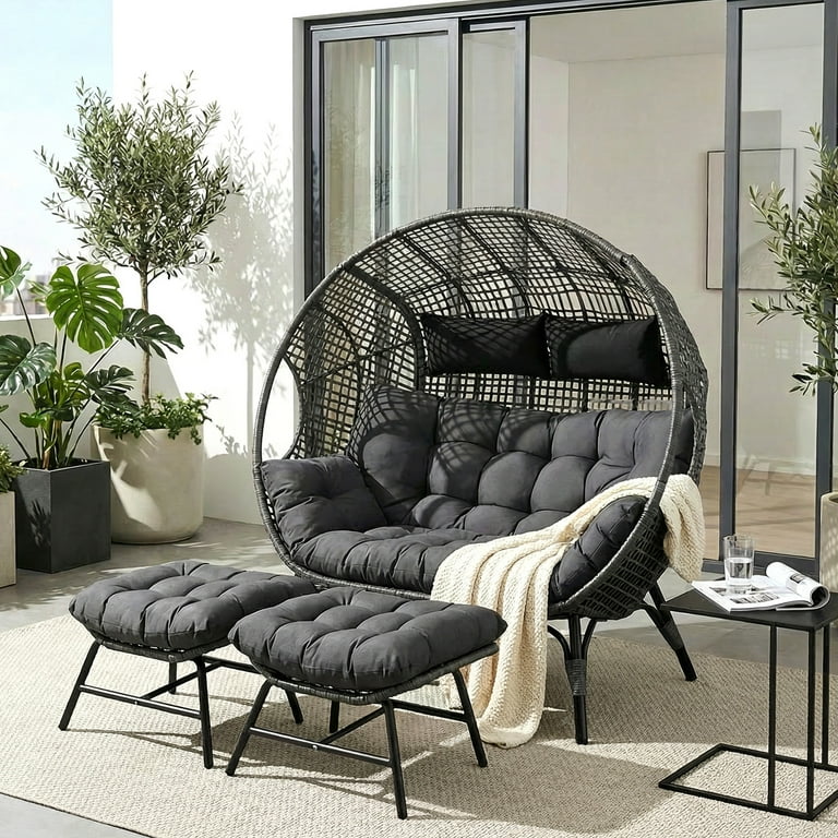 RADIATA Double Egg Chair with Ottomans, Oversized 2-Person Wicker