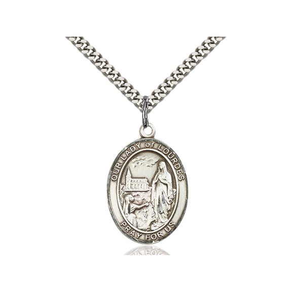 Sterling Silver Our Lady of Lourdes Pendant 1 x 3/4 inches with Heavy Curb Chain