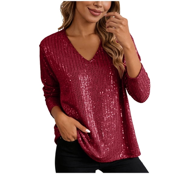 Rotm Womens Sequin Top Womens Sequin Velvet Holiday Tops Glitter Sparkly Party Blouse Long Sleeve V-Neck Winter Shirts Wine,L