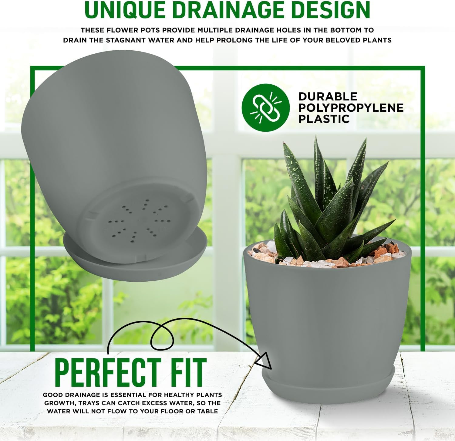 Lifemaster 10-Piece Gray Planter Pots with Drainage - Lightweight, Durable, Space-Saving Design for Indoor/Outdoor Use
