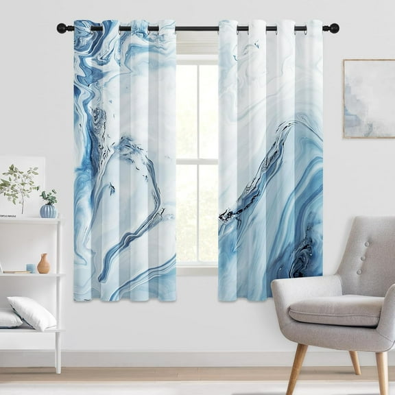 Marble Blackout Curtains for Bedroom Windows, Modern Abstract Print Curtains for Living Room, Blue Dining Room Curtain Draperies 2 Panel Sets, 52" X 63"