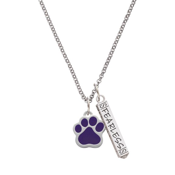 Delight Jewelry Silvertone Large Purple Paw Silvertone Fearless Bar Charm Necklace, 23"