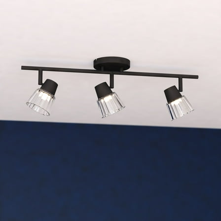 Dalton 23 in. Wide Matte Black Transitional Ceiling Track Lighting Fixture Kit with  3-Adjustable Light Heads, Clear Ribbed Glass Shade, Dimmable, Integrated LED, Semi Flush Mount Spot Light Bar