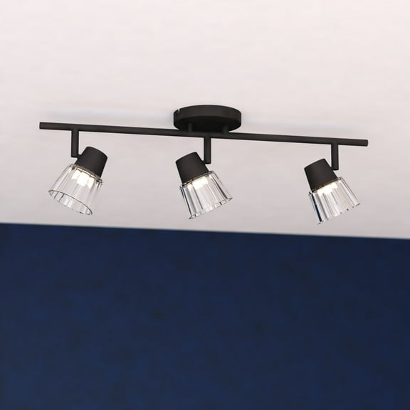 Dalton 23 in. Wide Matte Black Transitional Ceiling Track Lighting Fixture Kit with  3-Adjustable Light Heads, Clear Ribbed Glass Shade, Dimmable, Integrated LED, Semi Flush Mount Spot Light Bar