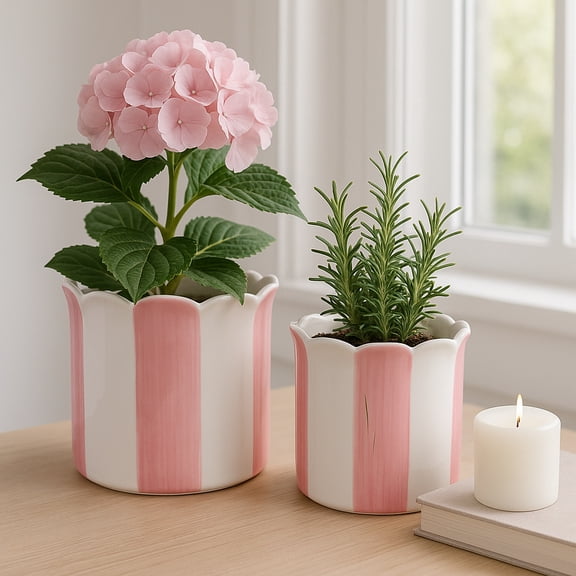 Ceramic Scalloped Striped Flower Pots for Home Decor - Decorative Planters for Indoor and Outdoor Plants - Plant Pots for Living Room and Garden Decor - Set of 2, 7", 6", Pink & White