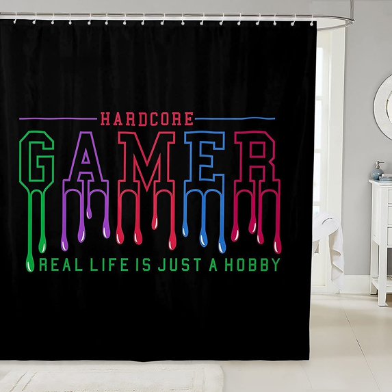 Gamer Bath Curtain for Boys Teens Girls Children Kids Colorful Gaming Cloth Fabric Bathroom Decor Video Game Shower Curtain Novelty Modern Player Waterproof Shower Curtains Set with Hooks 72x72 Inch