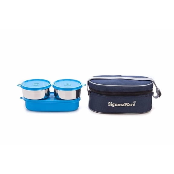 Signora Ware Double Decker Stainless Steel Lunch Box Set with Bag, 3-Pieces, Violet, 350 milliliters