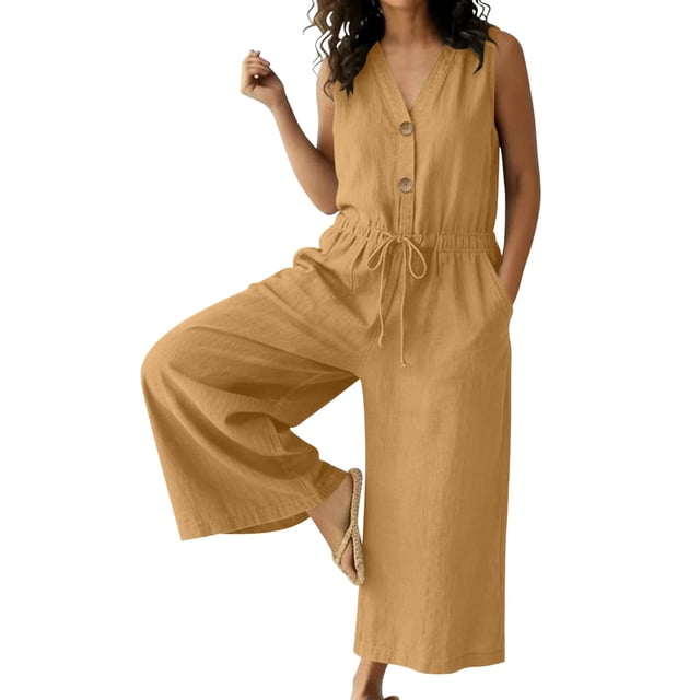 Women's Summer Cotton Linen Jumpsuits Loose V Neck Button Down Drawstring Wide Leg Pants Rompers Overall with Pockets