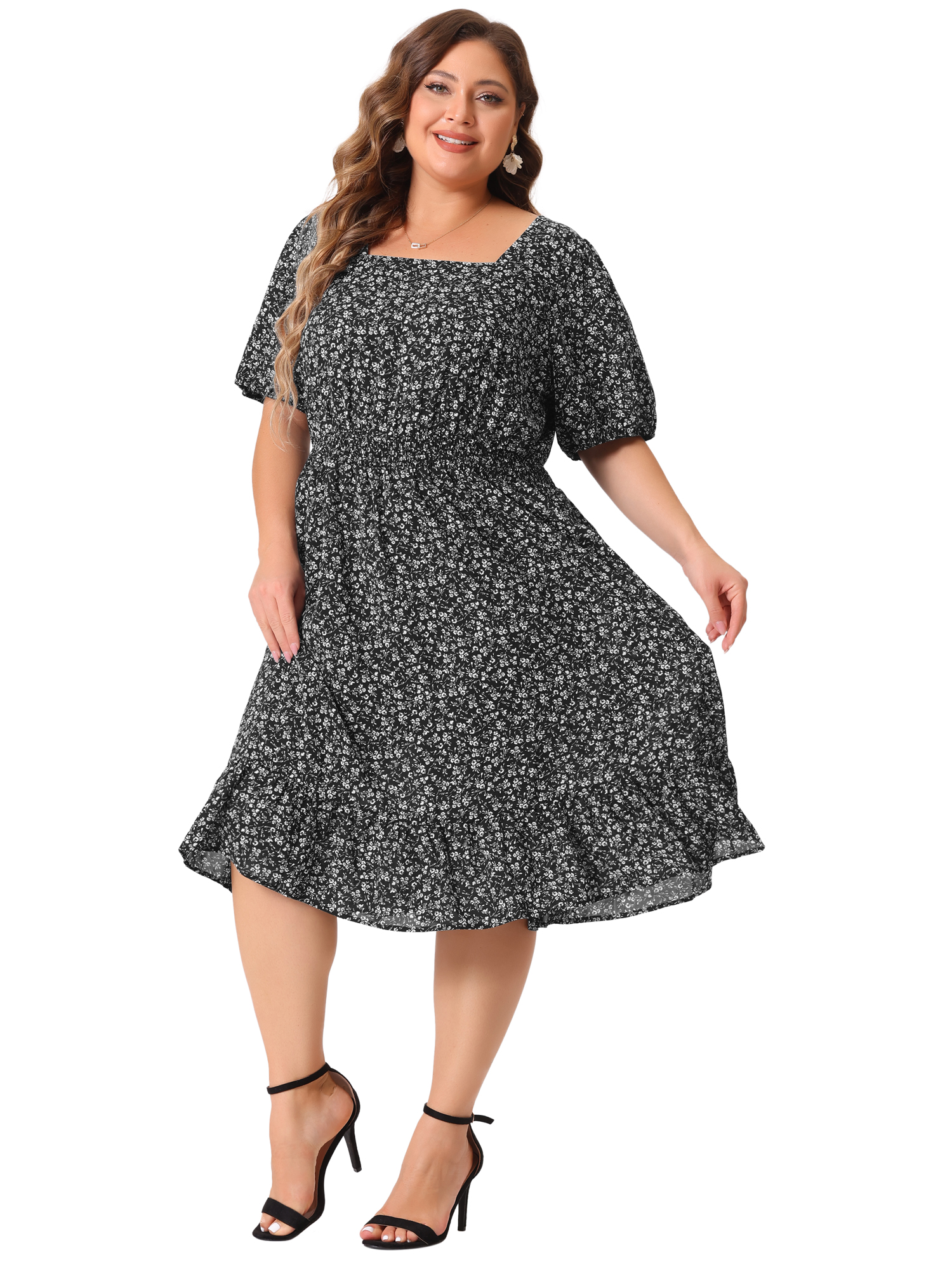 DARING DIVA Plus Size Midi Ruffle Hem Smocked Waist Floral Dress 3X Black White