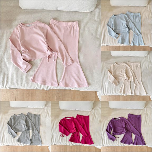 Trendfront Girls Solid Color Outfit Set Crew Neck Long Sleeve Shirt Summer 2 Piece Casual Fashion Flare Pants Set for Girls 2-10 Years Clothes Set