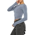 thumbnail image 3 of GHSDFBB Women Summer Slim Fit Basic Crop Tops Solid Color Long Short Sleeve Crew Neck Pullover Tight Tee Shirts Streetwear, 3 of 7