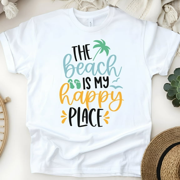 The Beach Is My Happy Place Graphic T-Shirt – Summer Coastal Vibes Tee, White, Size M