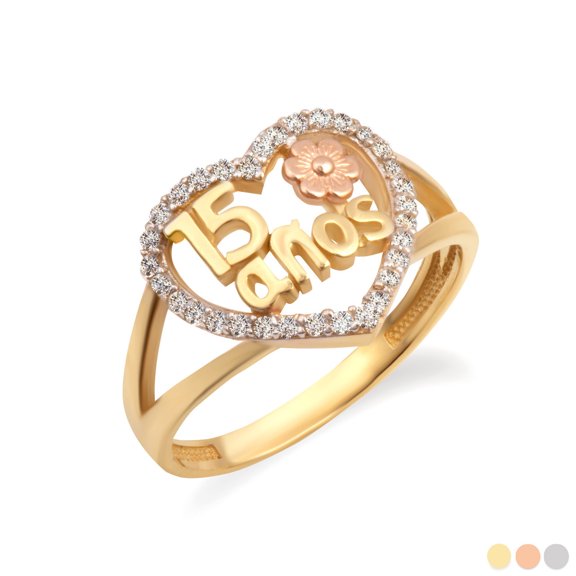 Solid Gold 15 Años Cubic Zirconia Heart Flower Rose Quinceañera Ring (10K Yellow Gold,Size 4)