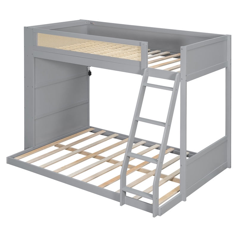 Twin-Over-Full Bunk Bed with Built-in Ladder & LED Strip, Storage Wooden Bed Frame with Bookshelf & Rattan Guardrail