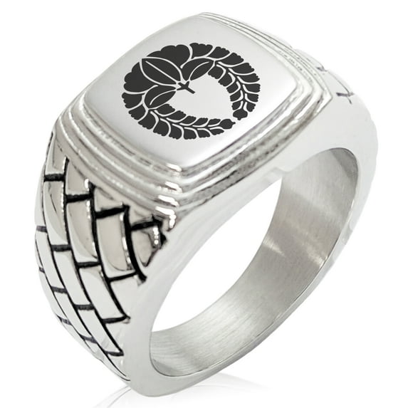 Stainless Steel Naito Samurai Crest Geometric Pattern Step-Down Biker Style Polished Ring