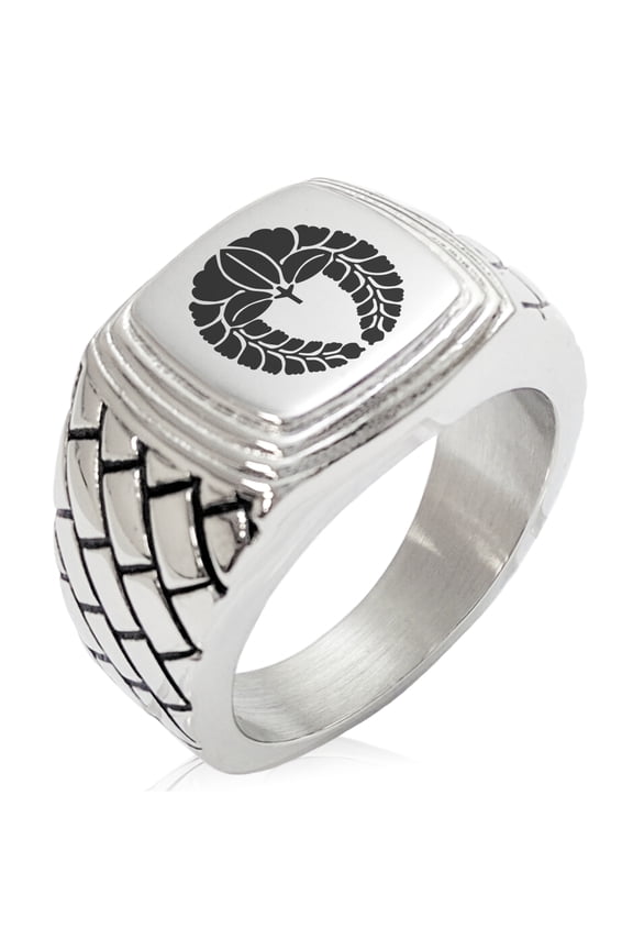 Stainless Steel Naito Samurai Crest Geometric Pattern Step-Down Biker Style Polished Ring