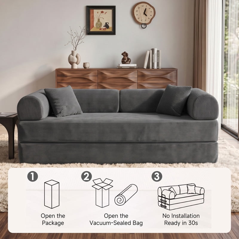 Anpport 78.8" Compression Boneless Sectional Sofa, Convertible Floor Sleeper Bed with Pillow Back Armrest, Corduroy Fabric, Grey, for Living Room Bedroom