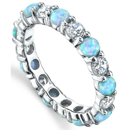 Baby Opal Ring Sterling Silver 925 Baby Blue and Pink Fire Created Opal and Cubic Zirconia Eternity Ring Wedding Band 3.5mm ()
