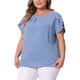 thumbnail image 4 of Blusas de verano de manga corta con pliegues y cuello redondo para mujeres de tallas grandes Agnes Orinda 4X azul, 4 of 6