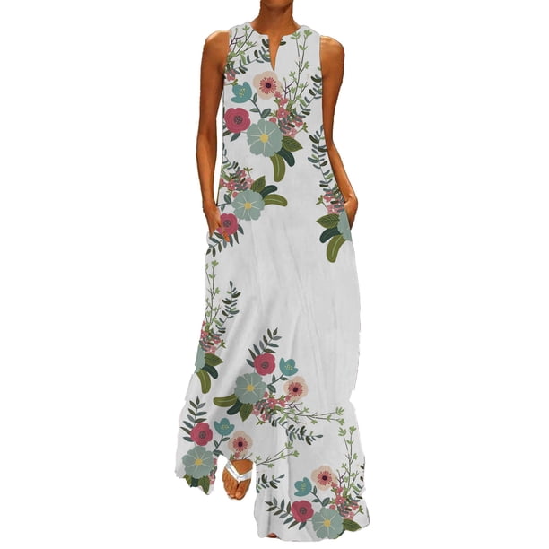 Gibobby Vestido Mujer Casual de Playa Verano Vestido maxi floral sin mangas con cuello en V de verano para mujer(Verde,G)