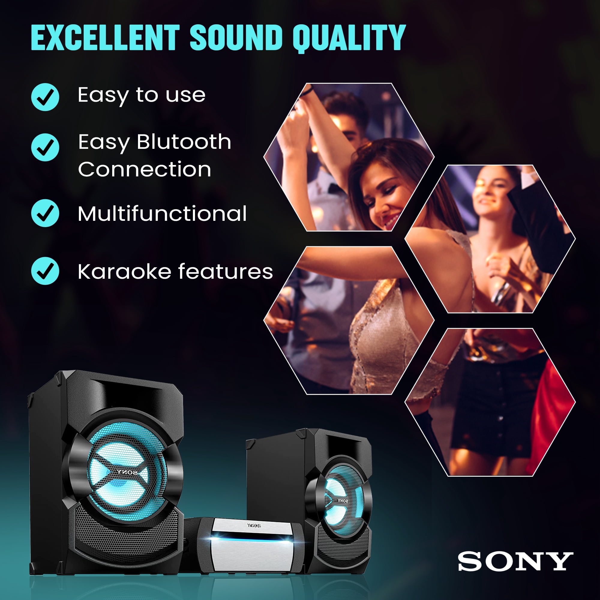 Sony Home Stereo System with Bluetooth, Powerful Bass, LED Lights, Karaoke, Stereo Shelf Systems with DVD Player, USB, FM Radio, CD Player with Speakers - Stereo System for Home